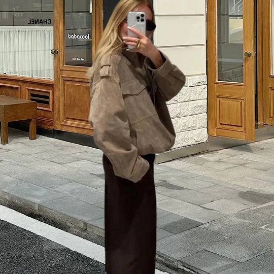 Damen Fetziges Wildlederjacke mit praktischen Taschen Heidi-Mode
