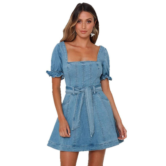 Damen Jeanskleid mit Taillengürtel und Puffärmeln Heidi-Mode