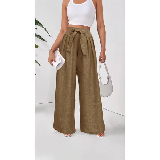 Damen Weite Hochtaillierte Hose mit Schleifenbund und Falten Heidi-Mode