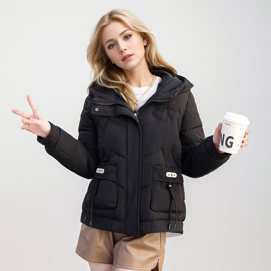 Damen gesteppte Winterjacke mit verstellbarem Kapuzenkragen und funktionalen Seitentaschen Heidi-Mode