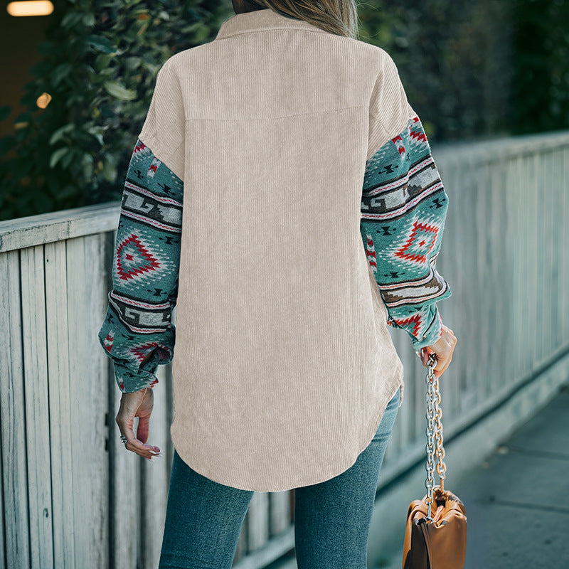 Damen Cord-Oberhemd mit farbenfrohen, bedruckten Ärmeln und Brusttasche Heidi-Mode