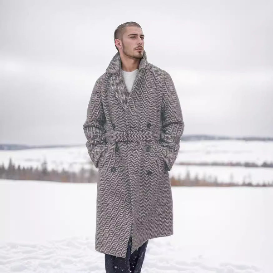 Herren Eleganter Wollmantel im klassischen Hahnentrittmuster mit Gürtel Heidi-Mode