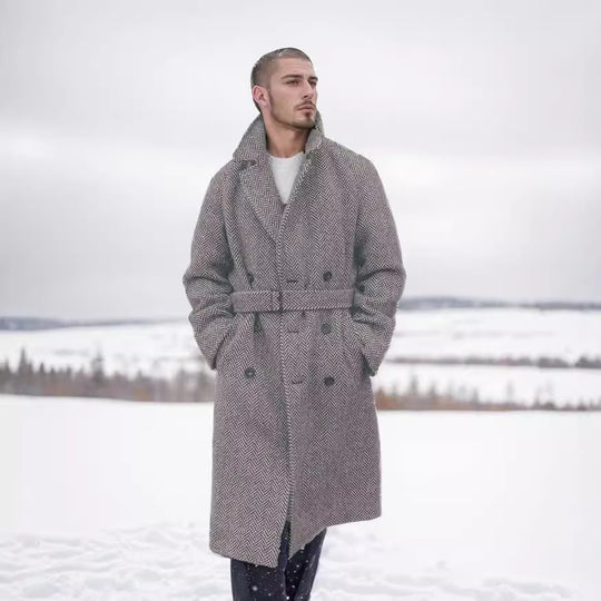 Herren Eleganter Wollmantel im klassischen Hahnentrittmuster mit Gürtel Heidi-Mode