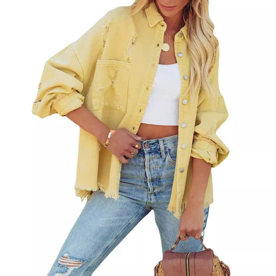 Damen Oversize Denimjacke mit Raffung und fransigem Saum Heidi-Mode