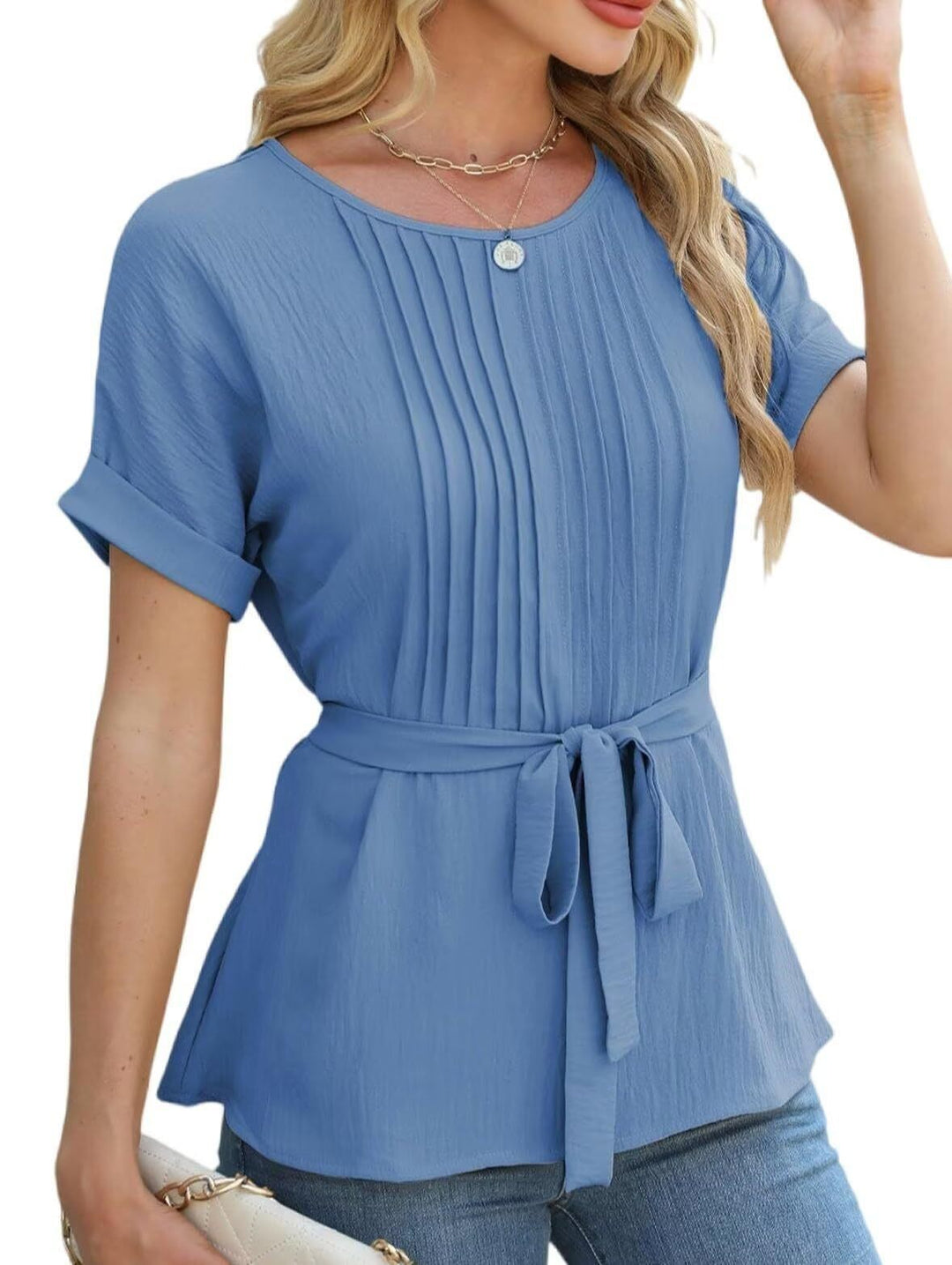 Damen modisches Blusenshirt mit eleganten Plisseedetails und Taillengürtel Heidi-Mode