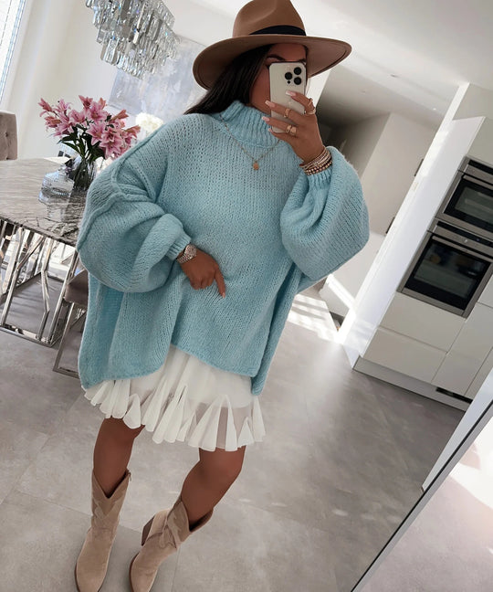 Damen lässiger Oversize Pullover mit hohen Ärmeln und unkonventionellem Schnitt Heidi-Mode