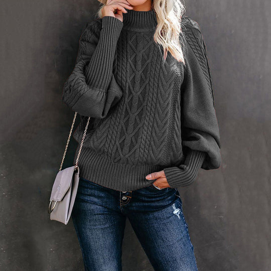 Damen Grobstrickpullover mit hohen Kragen und voluminösen Ärmeln Heidi-Mode