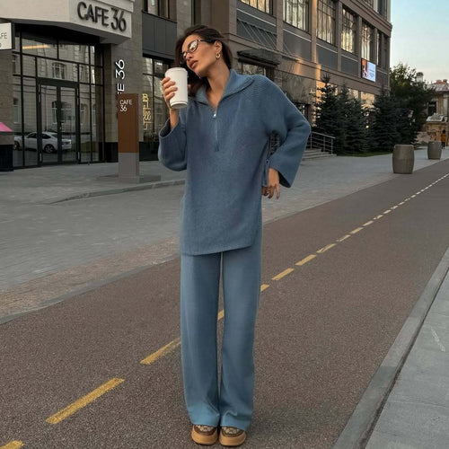 Damen lässiger Strickpullover mit Kapuze und modernem Reißverschluss Heidi-Mode