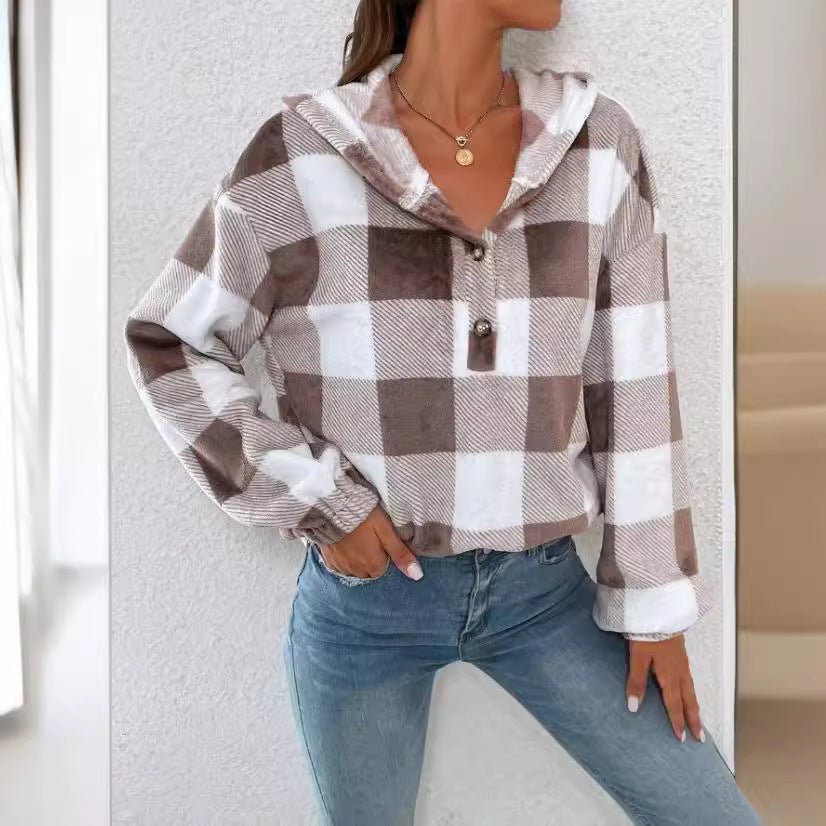 Damen Gemusterte Karo-Hoodie-Bluse Heidi-Mode