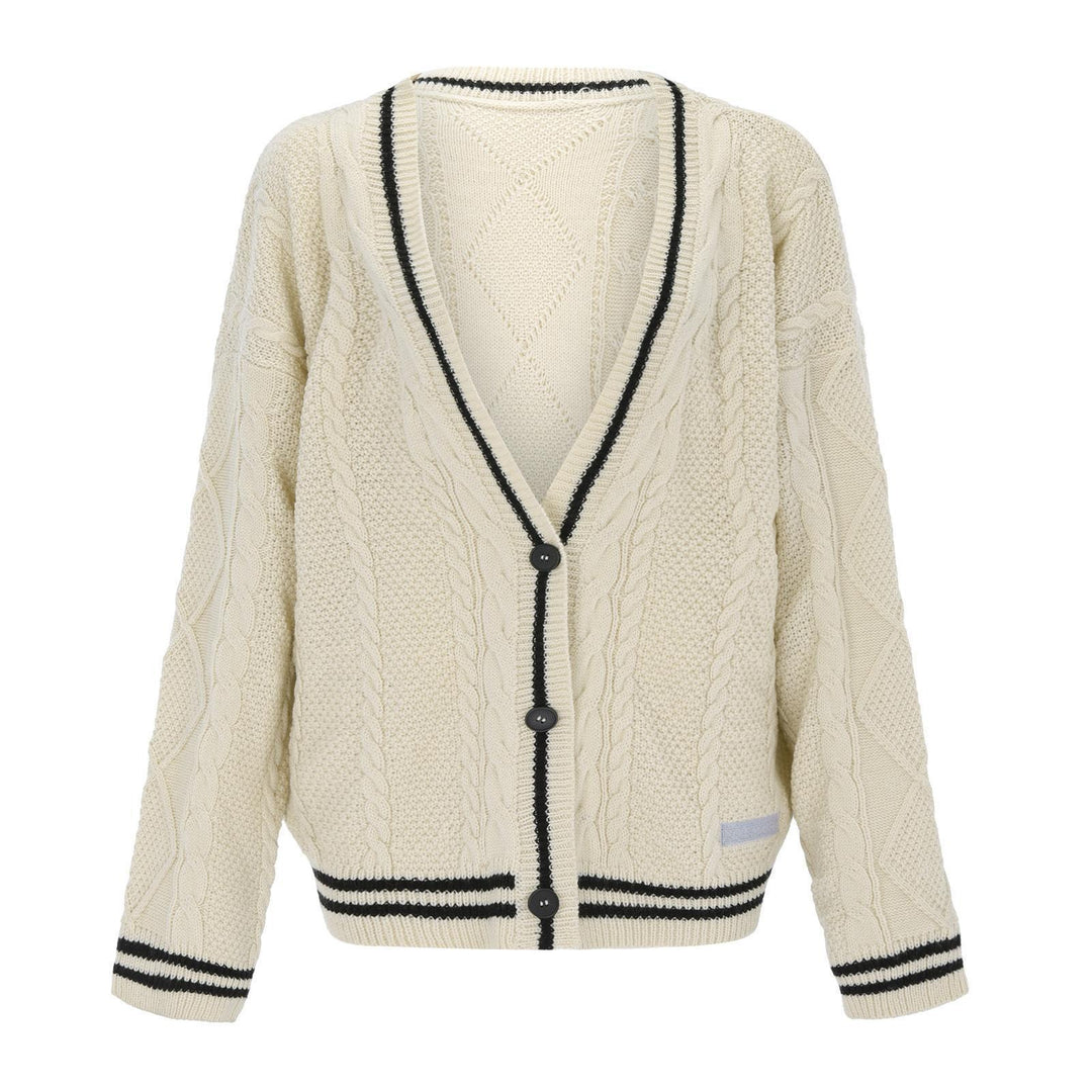 Damen Grobstrick Cardigan mit tiefem V-Ausschnitt und kontrastierenden Knopfdetails Heidi-Mode