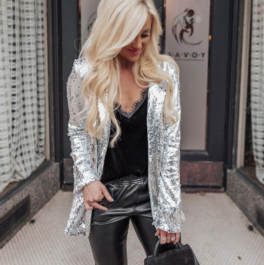 Damen Glamouröse Blazerjacke mit Paillettenbesatz und langem Arm Heidi-Mode