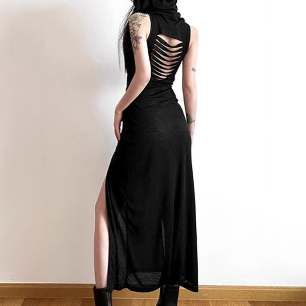 Damen Elegantes Maxikleid mit hohem Schlitz und Kapuze Heidi-Mode