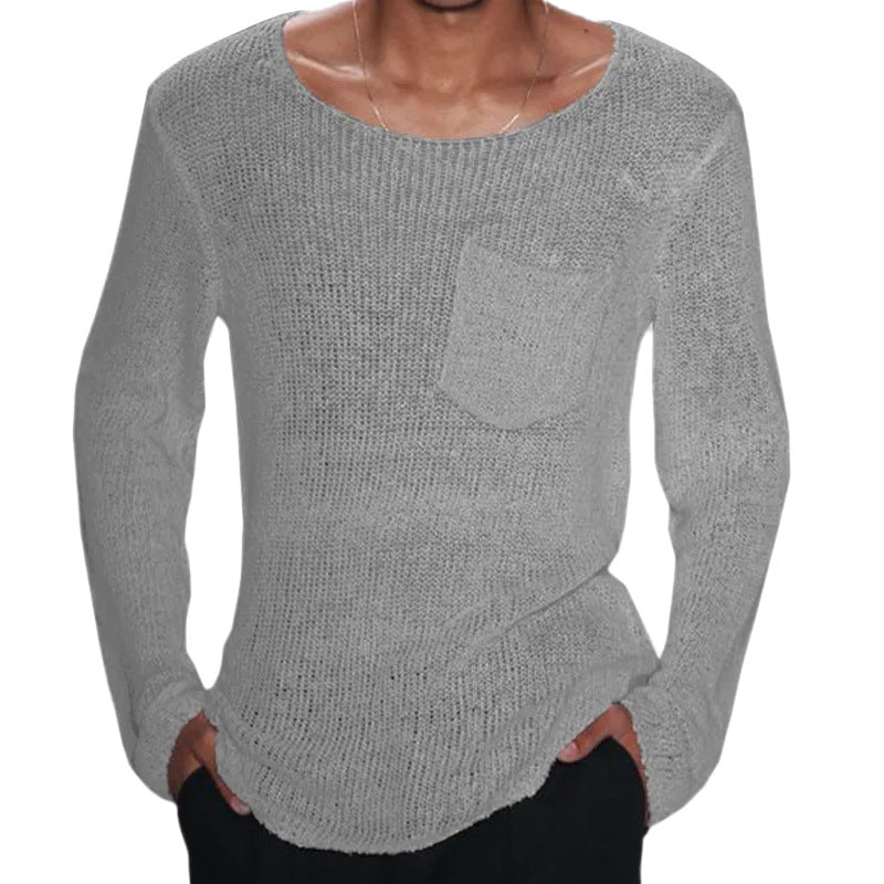 Herren lässiger Pullover mit offener Maschenstruktur und Brusttasche Heidi-Mode
