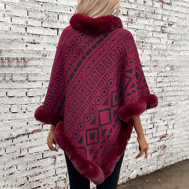 Damen modischer Poncho mit dekorativem Kunstfellkragen Heidi-Mode
