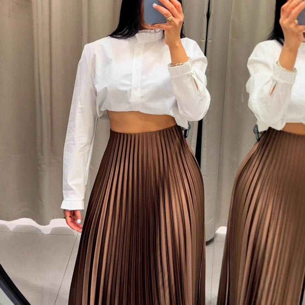 Damen Plissierter Midi-Rock mit elastischem Bund und schönem Schimmer Heidi-Mode