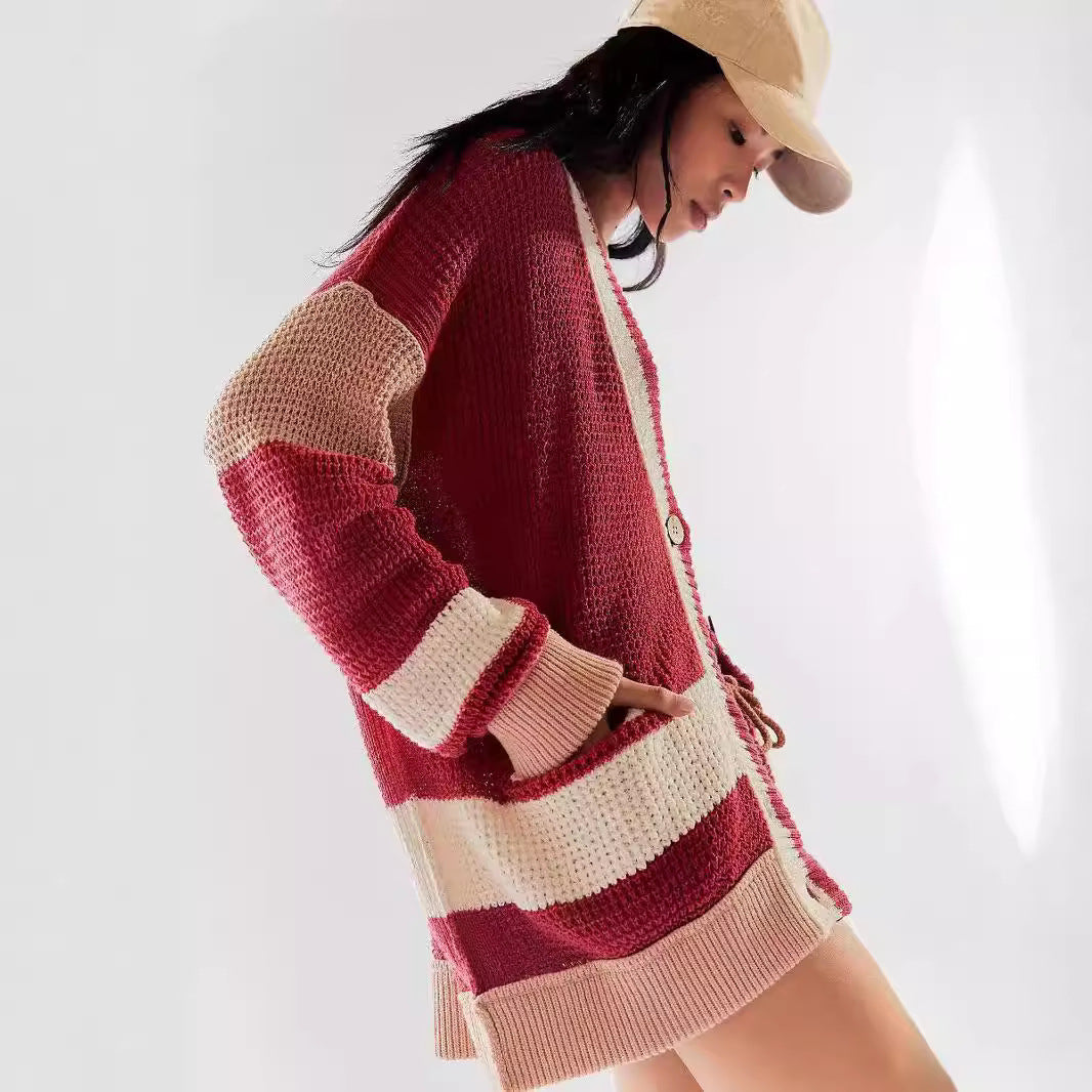 Damen lässiger Strickcardigan mit großen Taschen und stilvollen Kontraststreifen Heidi-Mode