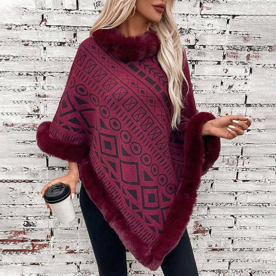 Damen modischer Poncho mit dekorativem Kunstfellkragen Heidi-Mode