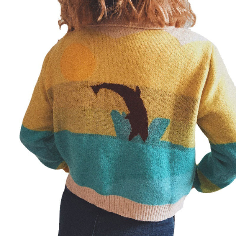Damen Strickjacke mit verspieltem Motiv und modernem Farbverlauf Heidi-Mode
