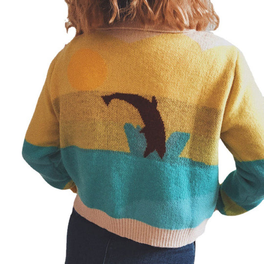 Damen Strickjacke mit verspieltem Motiv und modernem Farbverlauf Heidi-Mode
