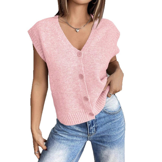 Damen Strickweste mit V-Ausschnitt und modischen Knöpfen Heidi-Mode