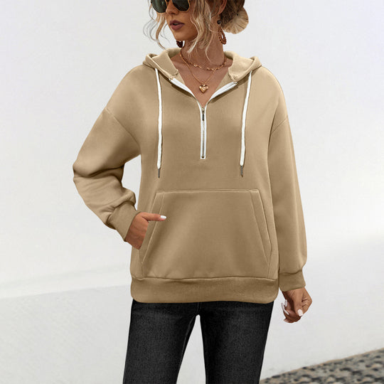 Damen Kapuzenpullover mit halbem Reißverschluss und Kängurutasche Heidi-Mode