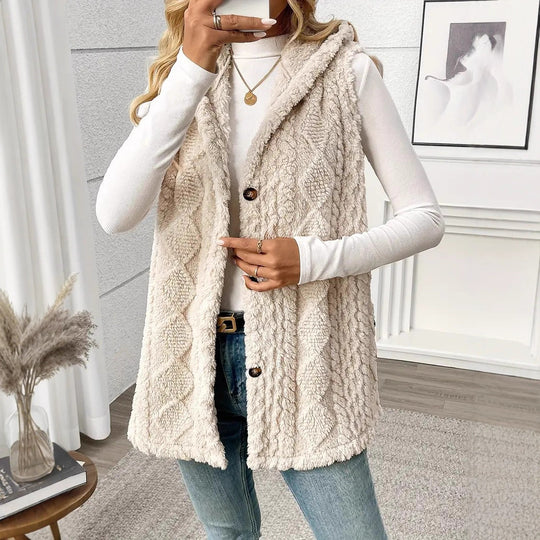 Damen Kuschelige Fleece-Weste mit Kapuze und Knopfverschluss Heidi-Mode
