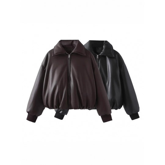 Damen lässige Boxy-Jacke aus weichem Kunstleder mit elastischem Bund Heidi-Mode