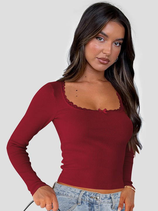 Damen Langarmoberteil mit feiner Spitzenkante und figurbetontem Schnitt Heidi-Mode