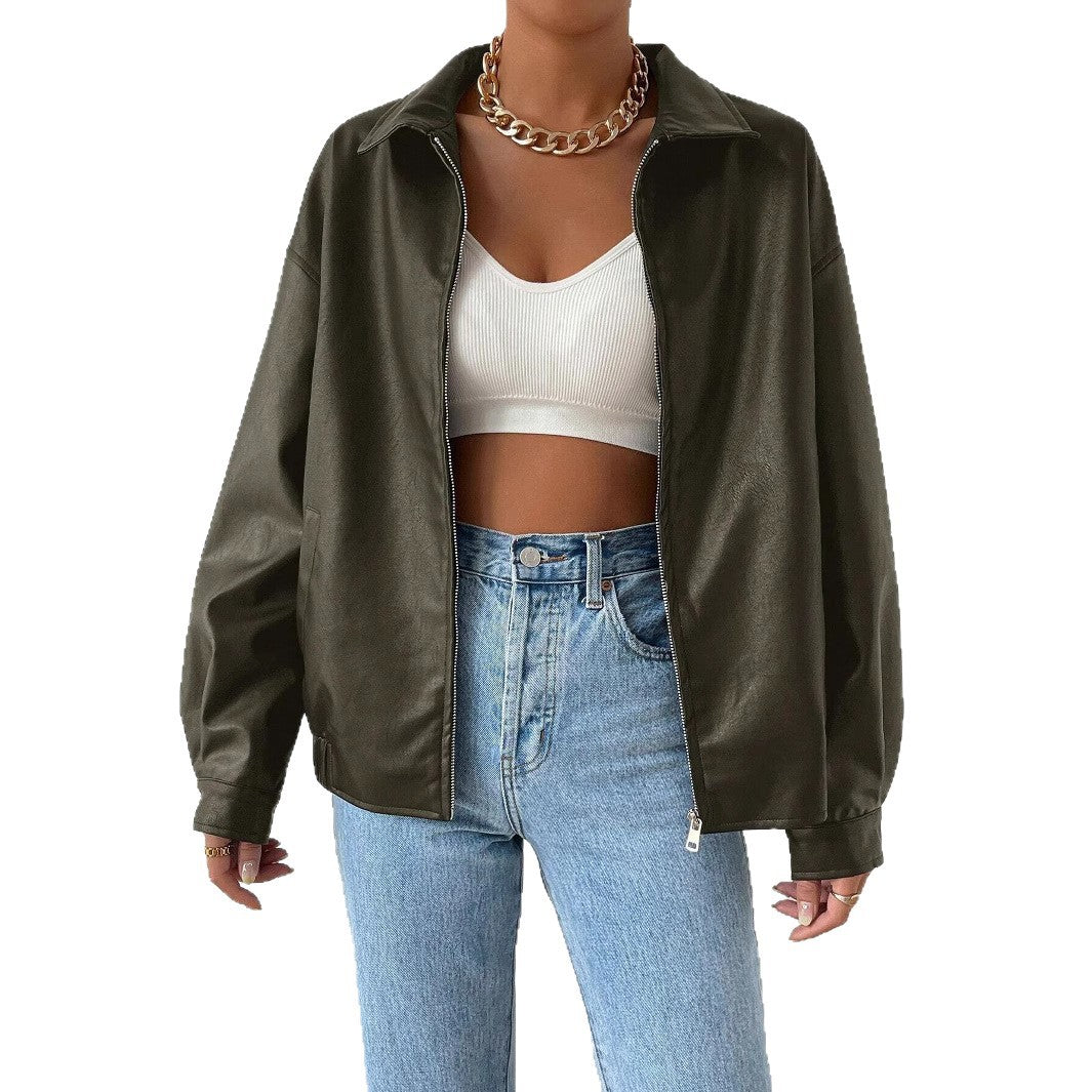 Damen trendige Kunstlederjacke im modernen Schnitt mit lässigem Reißverschluss Heidi-Mode