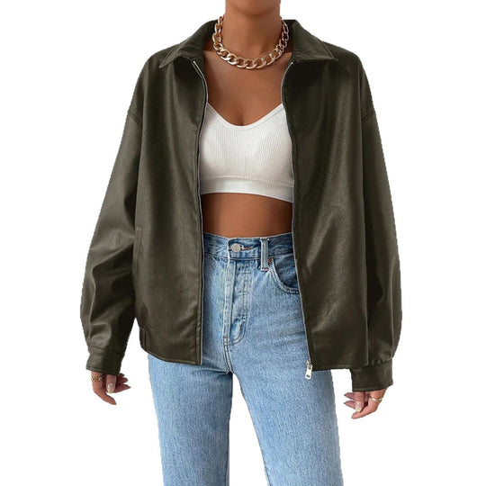 Damen trendige Kunstlederjacke im modernen Schnitt mit lässigem Reißverschluss Heidi-Mode