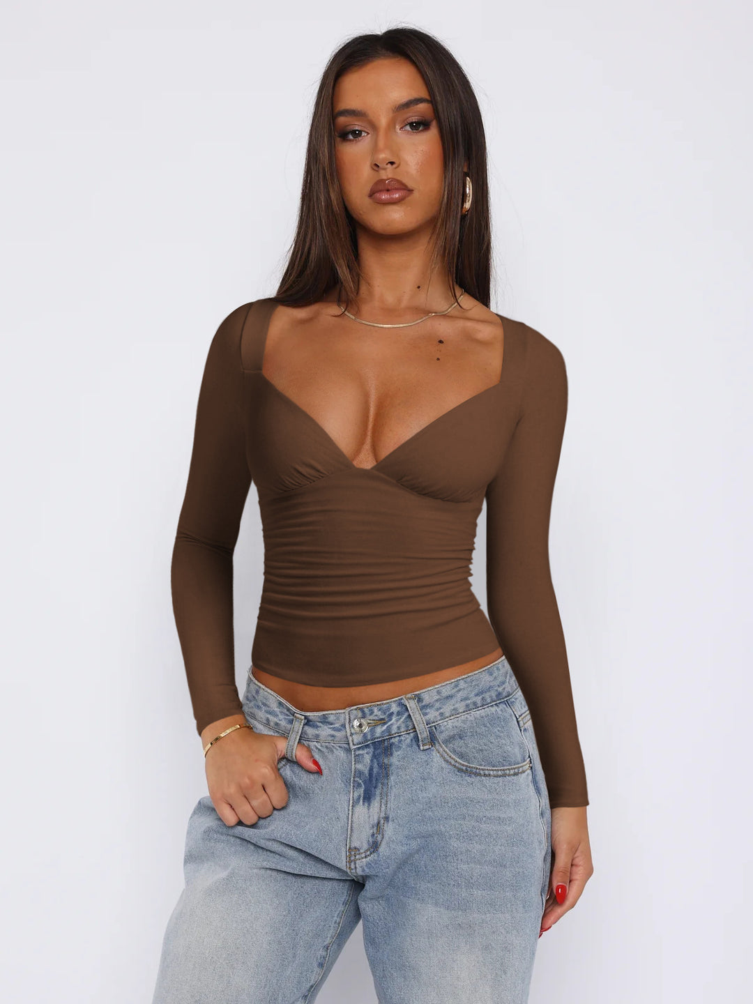 Damen figurbetontes Langarmoberteil mit V-Ausschnitt und Raffungen Heidi-Mode