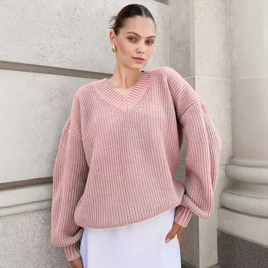 Damen V-Ausschnitt Strickpullover mit voluminösen Ärmeln und strukturierter Oberfläche Heidi-Mode