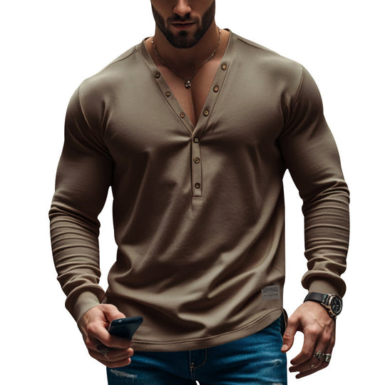 Herren Langarm Henley T-Shirt mit modernem Knopfverschluss und figurbetontem Schnitt Heidi-Mode