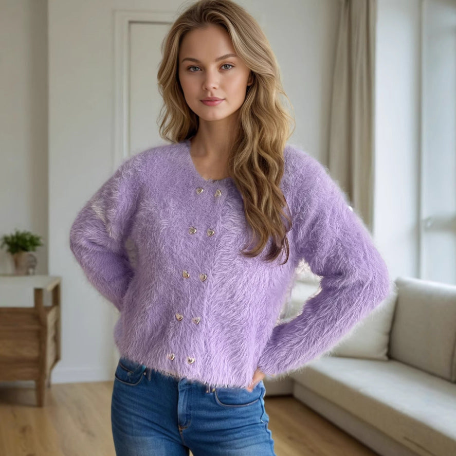 Damen flauschige Strickjacke mit herzförmigen Knöpfen und lockerer Passform Heidi-Mode