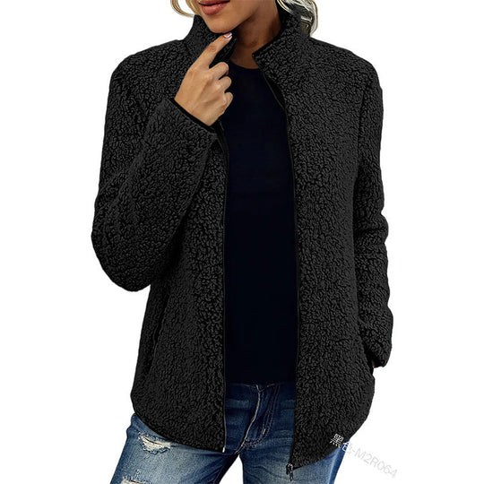 Damen flauschige Fleecejacke mit hohem Kragen und seitlichen Taschen Heidi-Mode