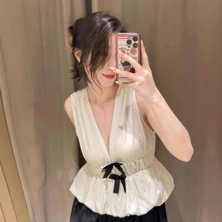 Damen ärmelloses Oberteil mit dekorativen Schleifen und elastischem Bund Heidi-Mode