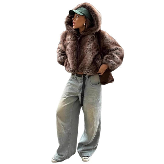 Damen Kuschelige Kunstpelzjacke mit Kapuze Heidi-Mode