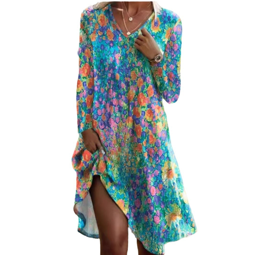 Damen Freizeitkleid mit modischem V-Ausschnitt und Seitenschlitz Heidi-Mode