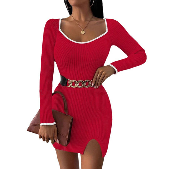 Damen figurbetontes Rippstrickkleid mit tiefem Ausschnitt und Seitenschlitz Heidi-Mode