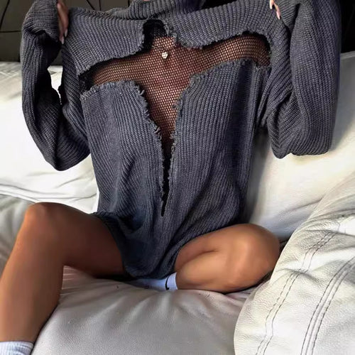 Damen Oversized Strickpullover mit aufregendem Mesh-Einsatz und unkonventionellem Design Heidi-Mode