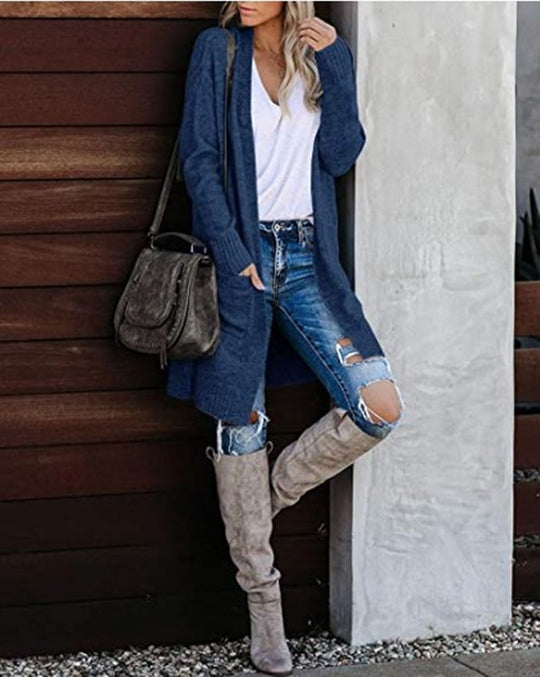 Damen Lange Strickjacke mit offenem Schnitt und lässigem Design Heidi-Mode