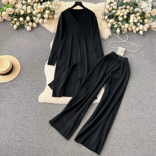 Damen elegantes Strickanzug mit V-Ausschnitt und weitem Bein Heidi-Mode