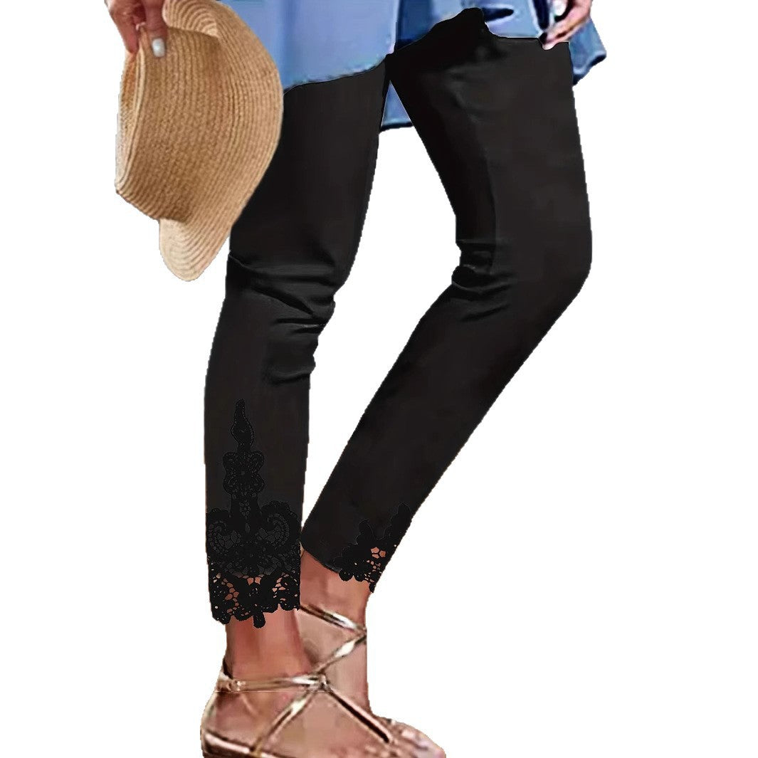 Damen Leggings mit spitzenbesetztem Saum und elastischem Bund Heidi-Mode