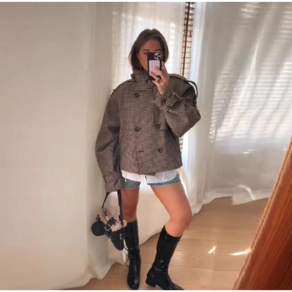 Damen Houndstooth Oversized Short-Jacke Heidi-Mode