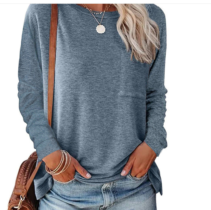 Damen lässiges Langarmshirt mit Taschen und Rundhalsausschnitt Heidi-Mode