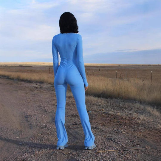 Damen Eleganter körperbetonter Jumpsuit mit langen Ärmeln und ausgestelltem Bein Heidi-Mode