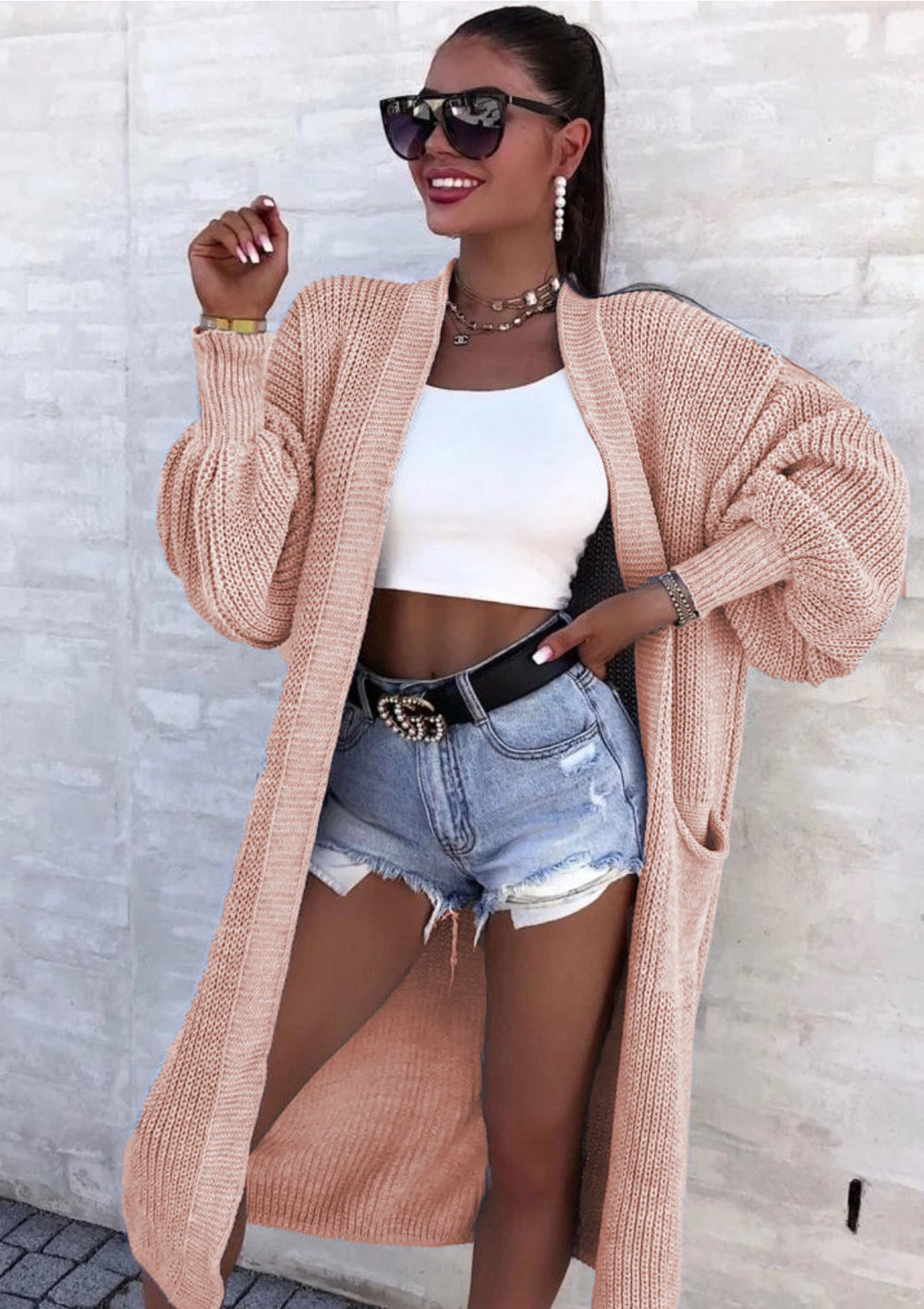 Damen Langer Strickcardigan mit weiten Ärmeln und praktischen Taschen Heidi-Mode