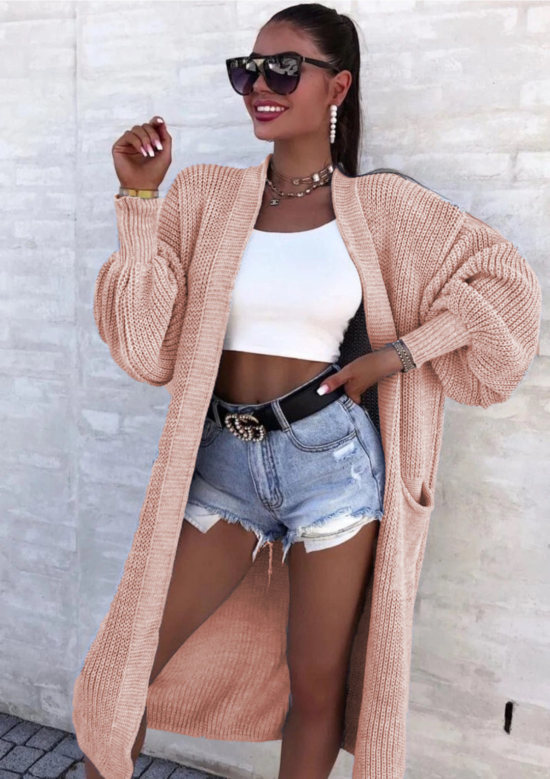 Damen Langer Strickcardigan mit weiten Ärmeln und praktischen Taschen Heidi-Mode