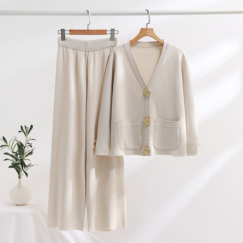 Damen elegantes Strick-Loungewear-Set mit weiten Bein und schönen Knöpfen Heidi-Mode