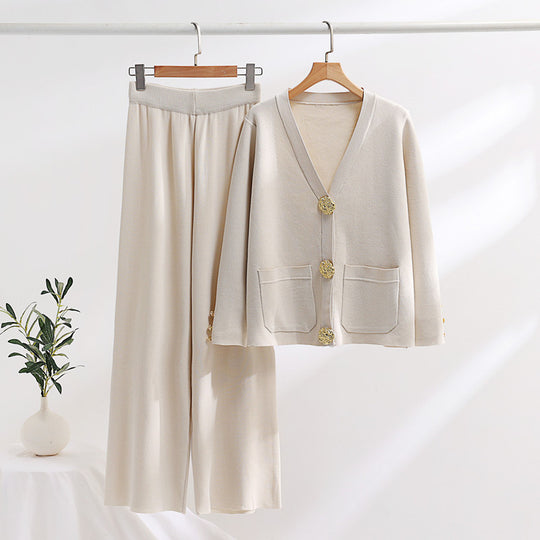 Damen elegantes Strick-Loungewear-Set mit weiten Bein und schönen Knöpfen Heidi-Mode